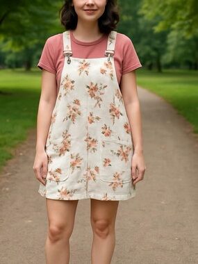 No Boundaries Cream Floral Overall Dress with Peach Blooms Size XL (15/17)